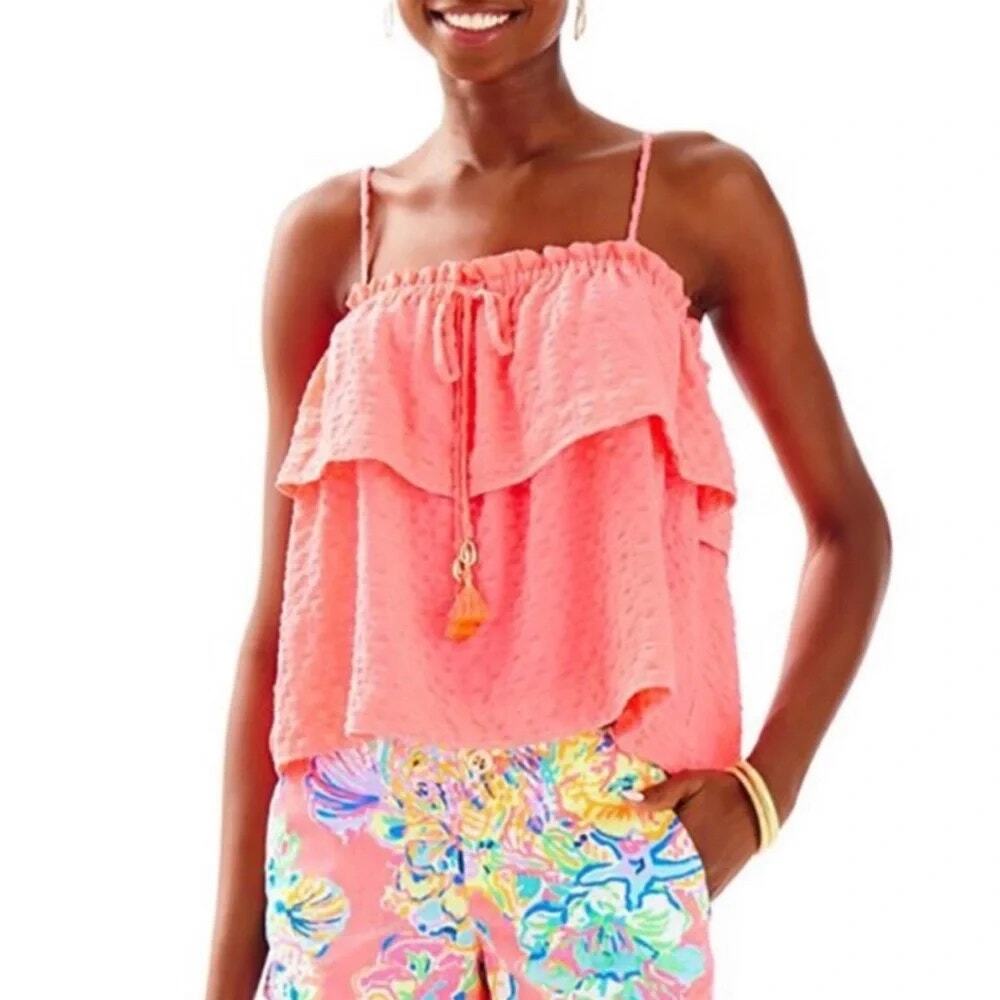 Lilly Pulitzer Mays Neon Coral Ruffle Tank Puka Shell Tassel Vacation Top XS